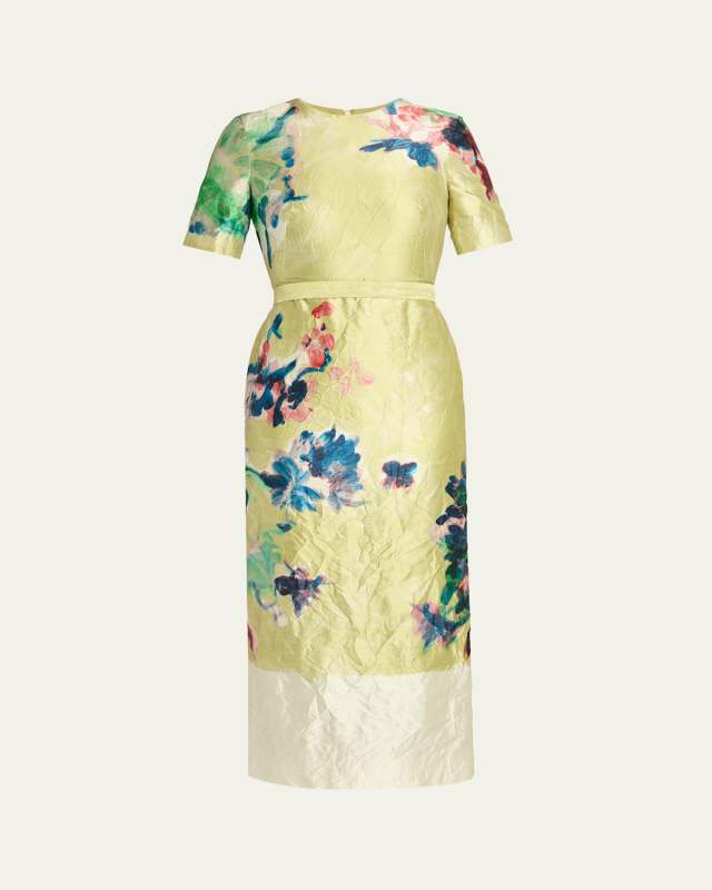 Crinkled Metallic Floral Short-Sleeve Midi Dress